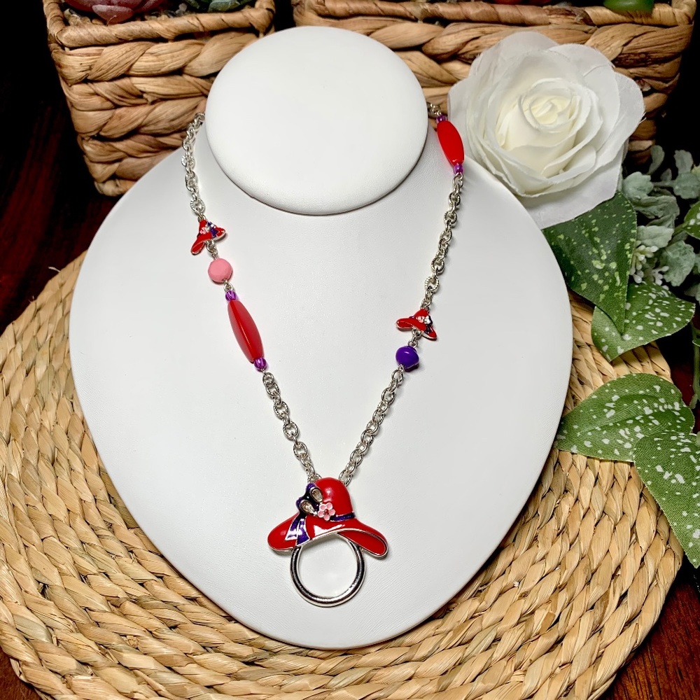 Enameled Red Hat & Beaded Long Chain Glasses or Name Badge Holder Necklace
